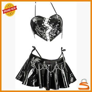 Stretch Leather Lingerie Set Halter Top Skirt Panty Size Small